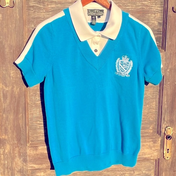 Lauren Ralph Lauren Tops - Lauren Ralph Lauren Vintage V-Neck Collared Embroidered Knit Deep Ocean Blue  L